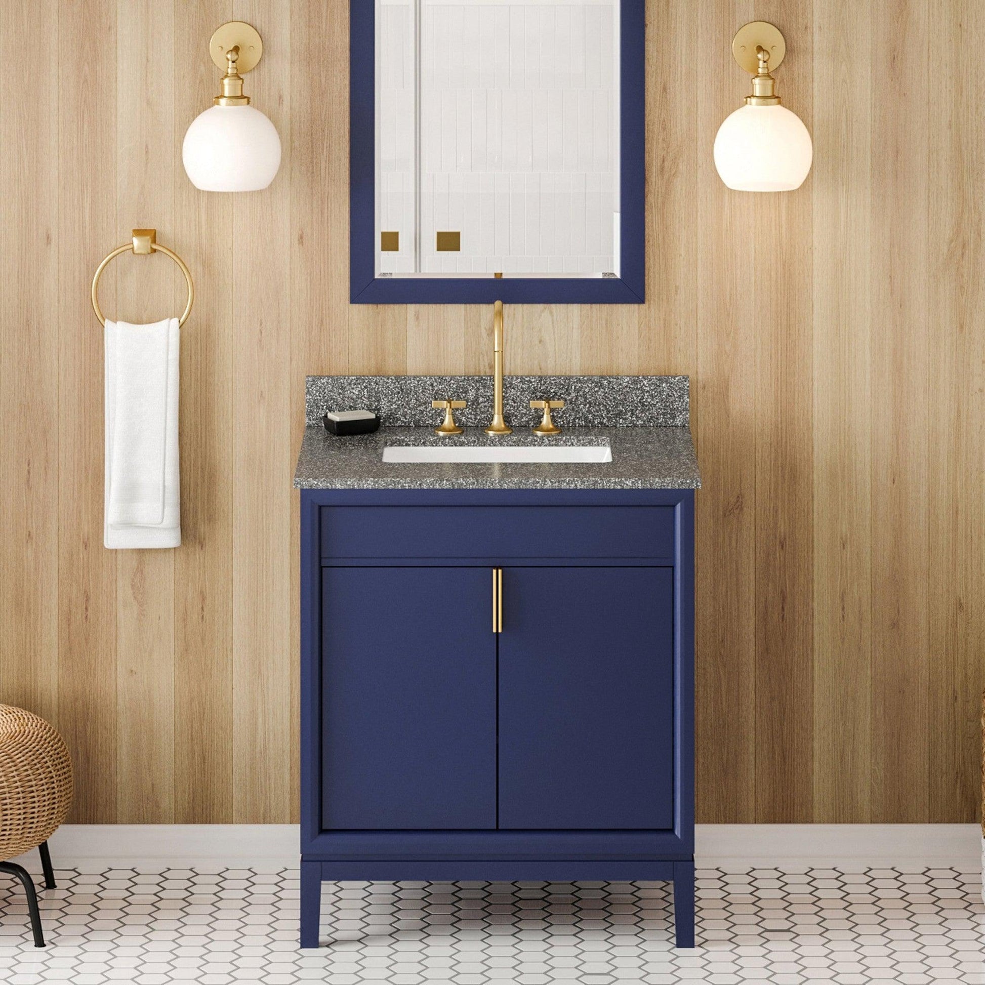 Hardware Resources Jeffrey Alexander Theodora 30" Hale Blue Freestanding Vanity With Boulder Cultured Marble Vanity Top, Backsplash and Rectangle Undermount Sink