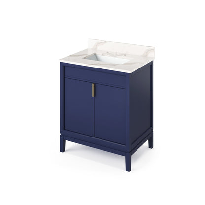 Hardware Resources Jeffrey Alexander Theodora 30" Hale Blue Freestanding Vanity With Calacatta Vienna Quartz Vanity Top, Backsplash and Rectangle Undermount Sink