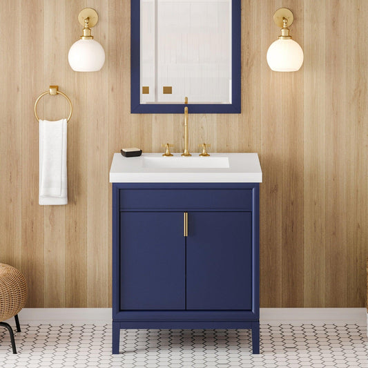 Hardware Resources Jeffrey Alexander Theodora 30" Hale Blue Freestanding Vanity With Lavante Cultured Marble Vessel Vanity Top, Backsplash and Rectangle Undermount Sink