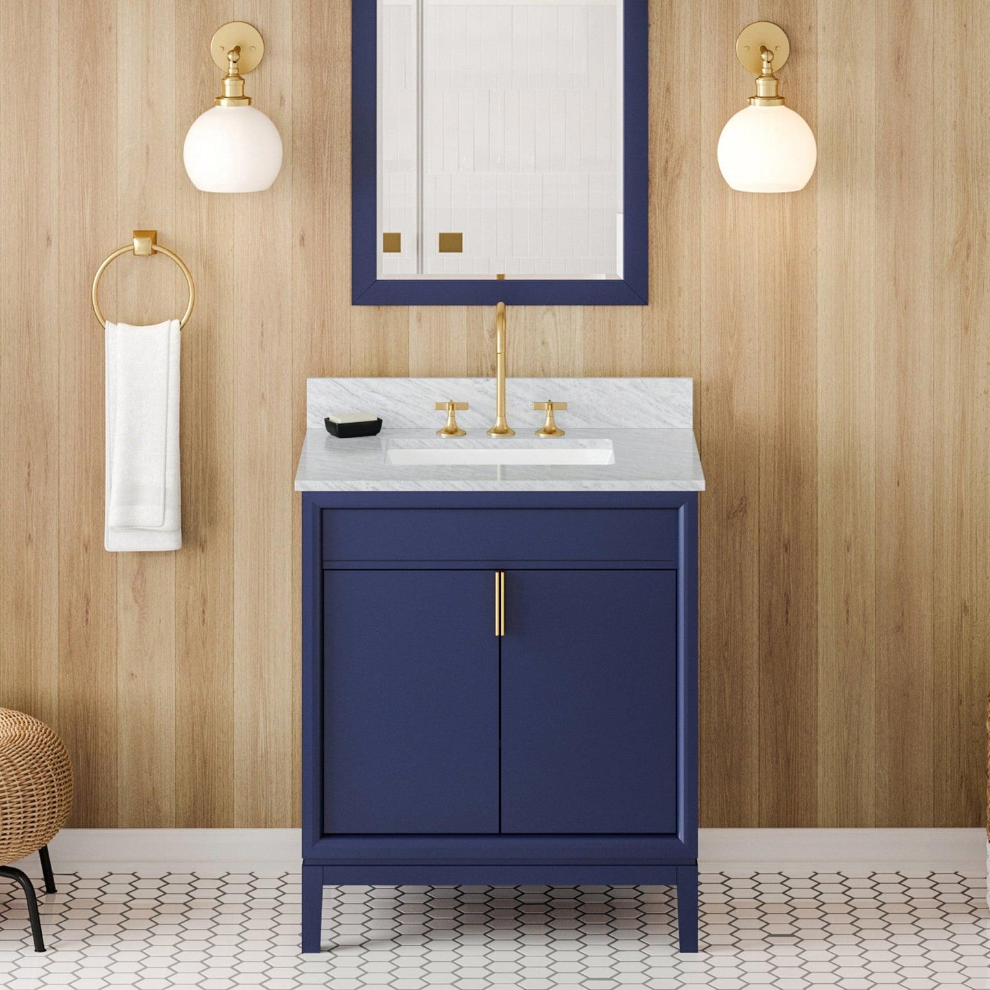 Hardware Resources Jeffrey Alexander Theodora 30" Hale Blue Freestanding Vanity With White Carrara Marble Vanity Top, Backsplash and Rectangle Undermount Sink