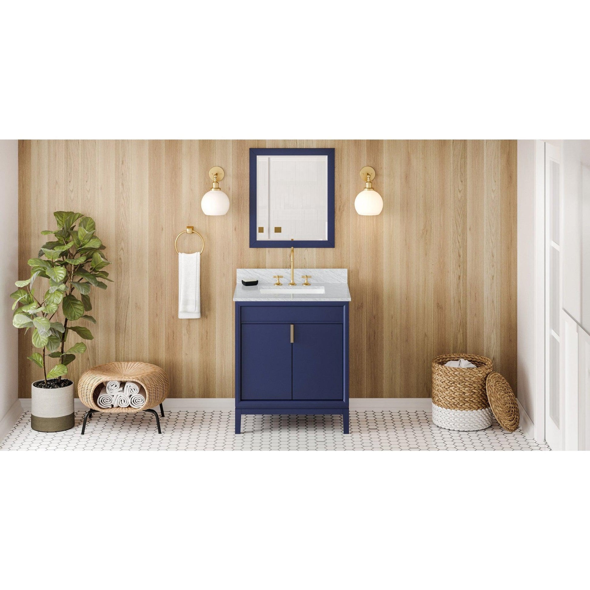 Hardware Resources Jeffrey Alexander Theodora 30" Hale Blue Freestanding Vanity With White Carrara Marble Vanity Top, Backsplash and Rectangle Undermount Sink