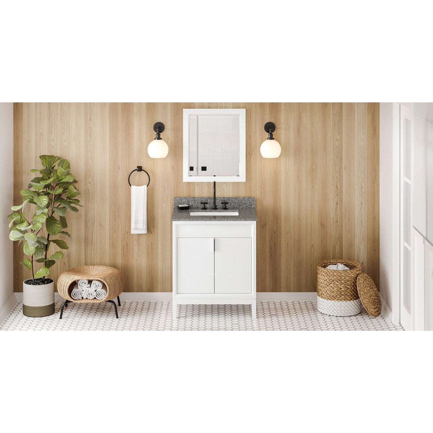 Hardware Resources Jeffrey Alexander Theodora 30" White Freestanding Vanity With Boulder Cultured Marble Vanity Top, Backsplash and Rectangle Undermount Sink