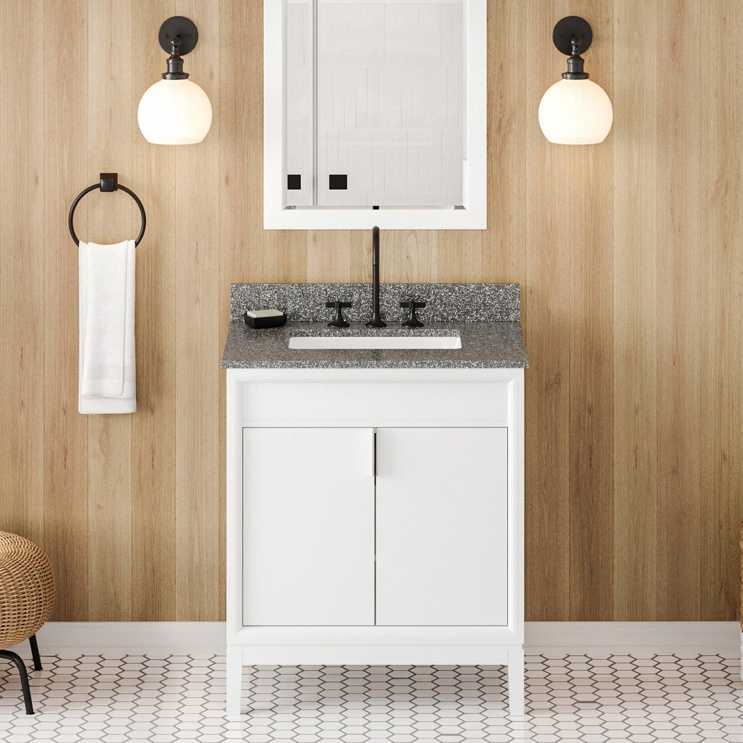 Hardware Resources Jeffrey Alexander Theodora 30" White Freestanding Vanity With Boulder Cultured Marble Vanity Top, Backsplash and Rectangle Undermount Sink