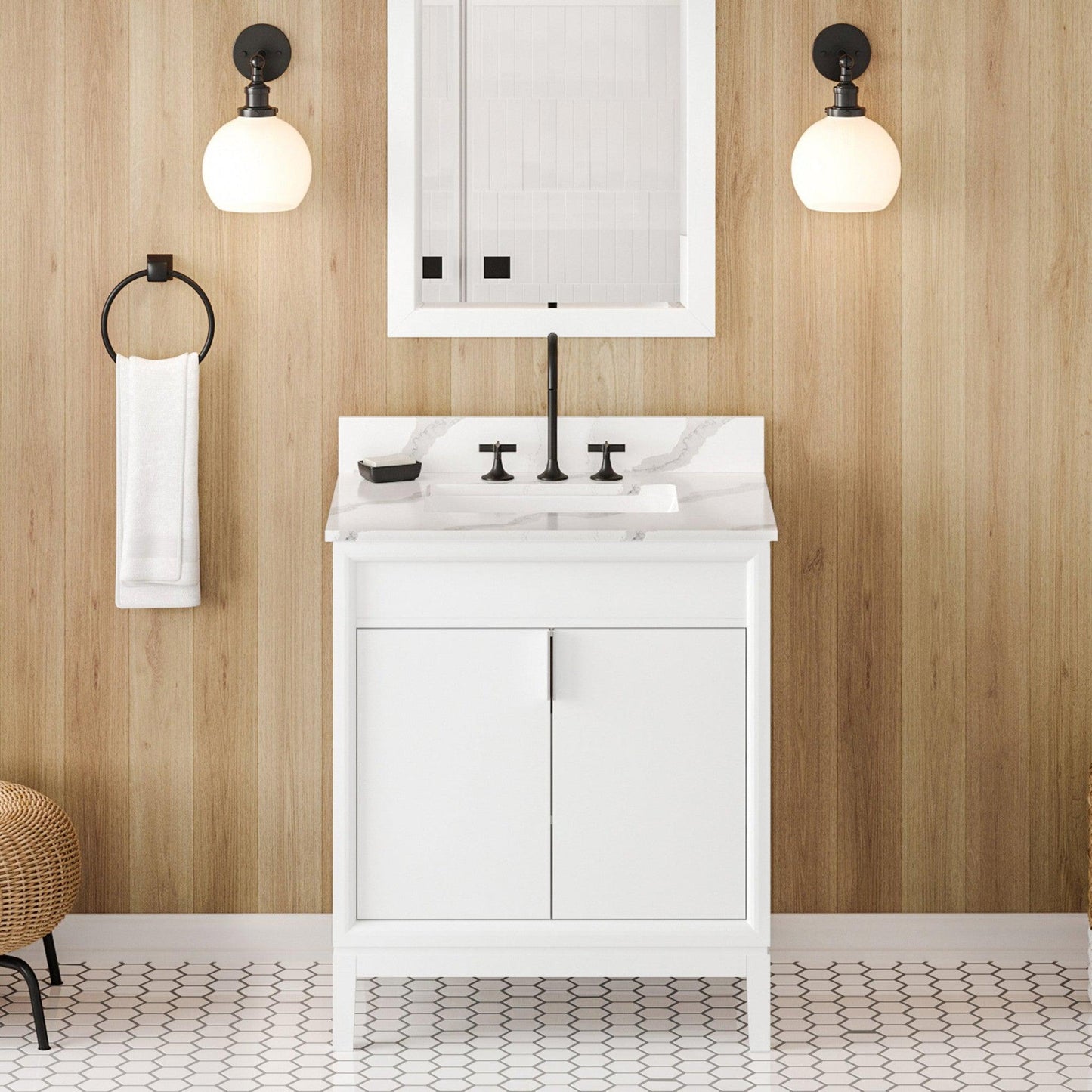 Hardware Resources Jeffrey Alexander Theodora 30" White Freestanding Vanity With Calacatta Vienna Quartz Vanity Top, Backsplash and Rectangle Undermount Sink