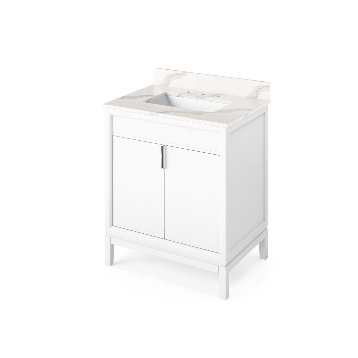 Hardware Resources Jeffrey Alexander Theodora 30" White Freestanding Vanity With Calacatta Vienna Quartz Vanity Top, Backsplash and Rectangle Undermount Sink