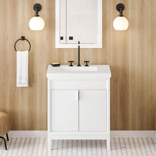 Hardware Resources Jeffrey Alexander Theodora 30" White Freestanding Vanity With Lavante Cultured Marble Vessel Vanity Top, Backsplash and Rectangle Undermount Sink