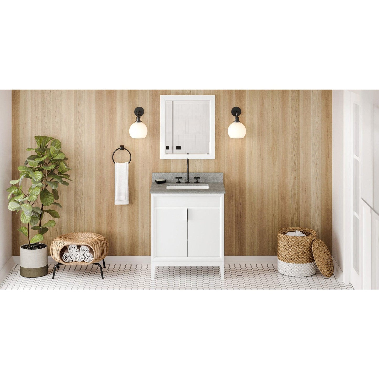 Hardware Resources Jeffrey Alexander Theodora 30" White Freestanding Vanity With Steel Gray Cultured Marble Vanity Top, Backsplash and Rectangle Undermount Sink