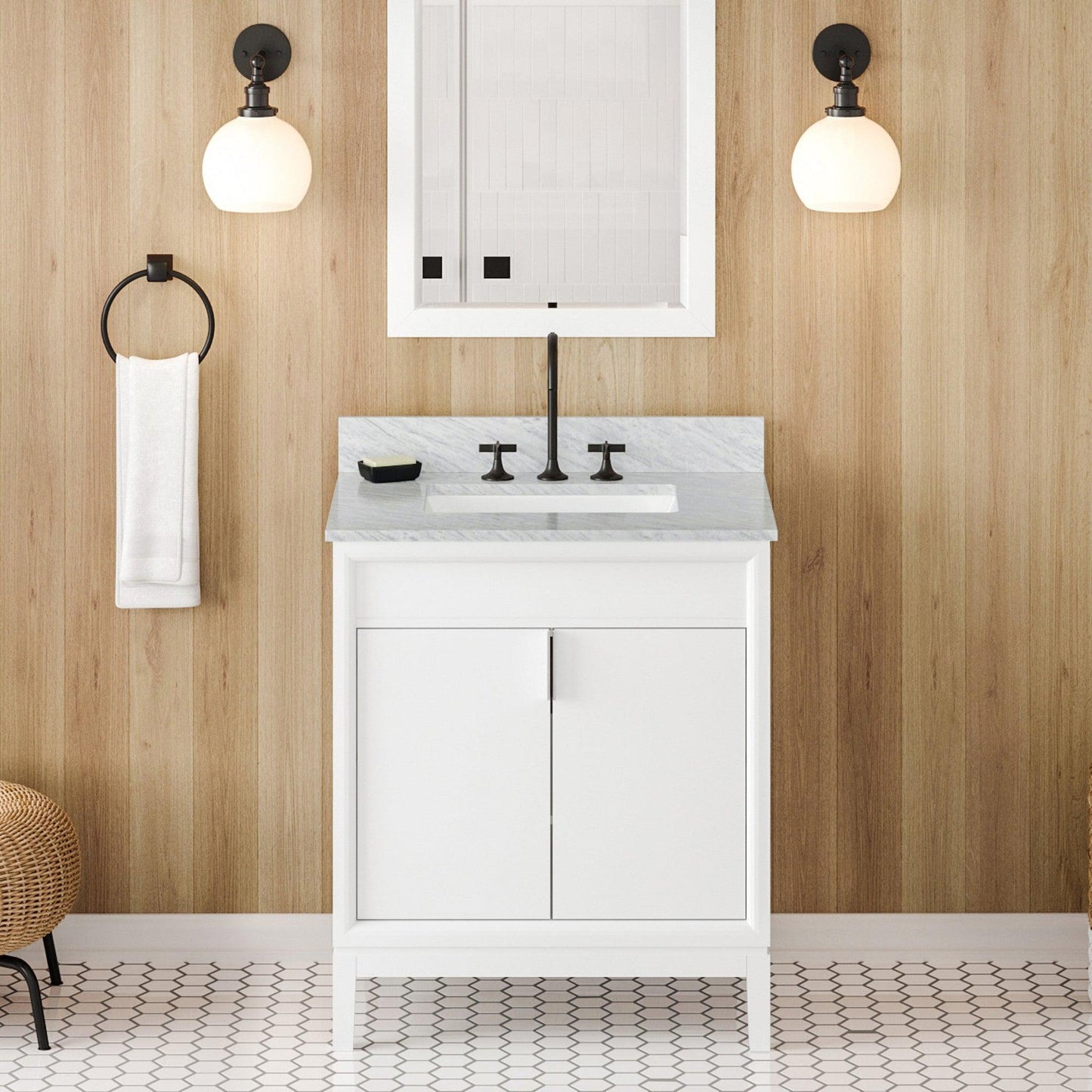 Hardware Resources Jeffrey Alexander Theodora 30" White Freestanding Vanity With White Carrara Marble Vanity Top, Backsplash and Rectangle Undermount Sink