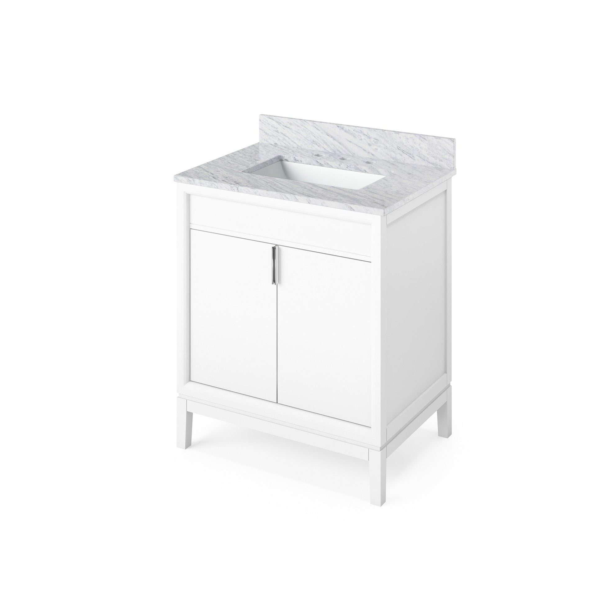 Hardware Resources Jeffrey Alexander Theodora 30" White Freestanding Vanity With White Carrara Marble Vanity Top, Backsplash and Rectangle Undermount Sink