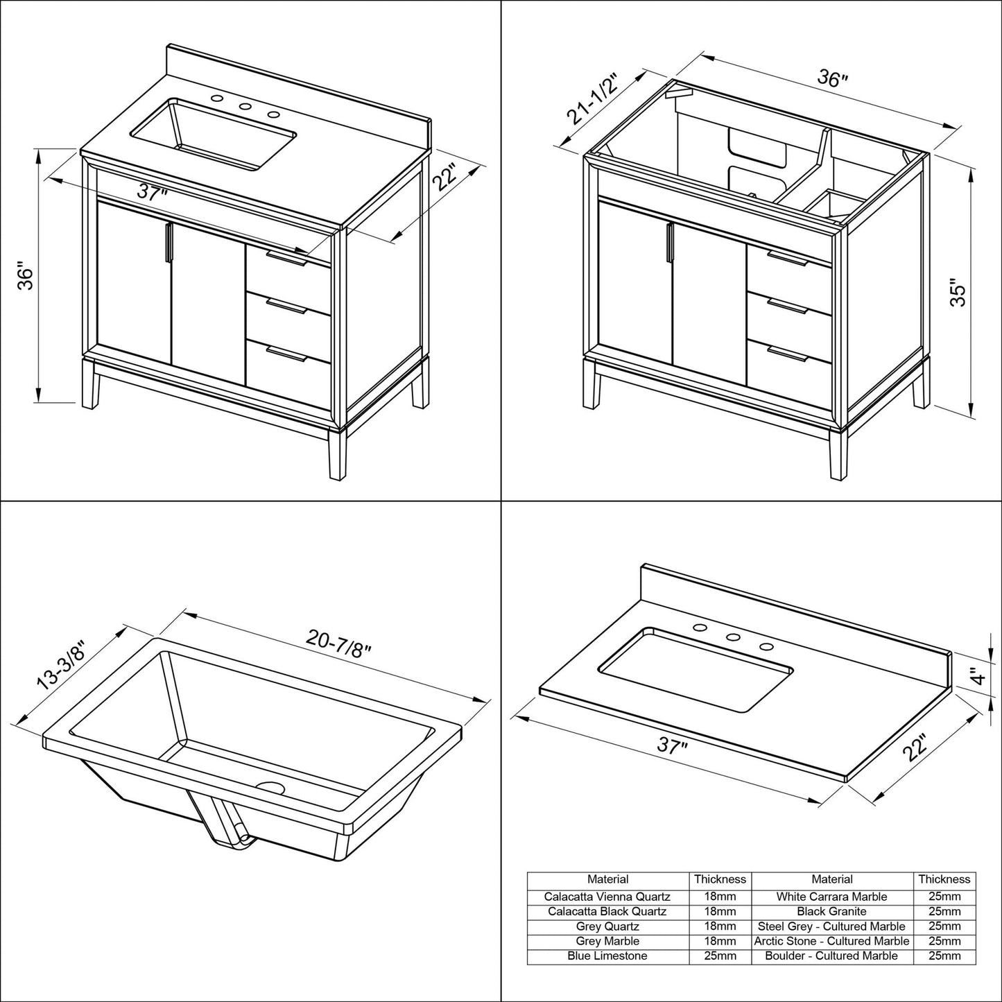 Hardware Resources Jeffrey Alexander Theodora 36" Black Freestanding Vanity With Left Offset, Black Granite Vanity Top, Backsplash and Rectangle Undermount Sink