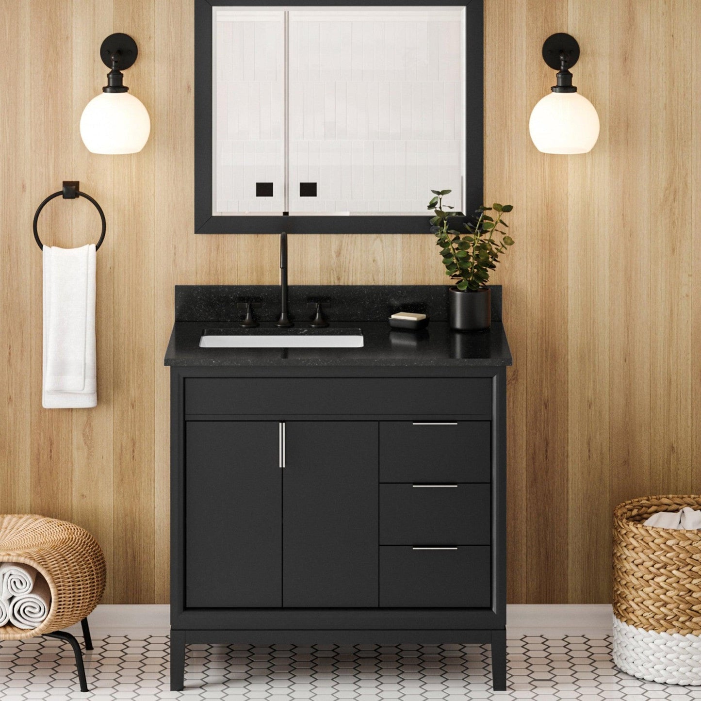 Hardware Resources Jeffrey Alexander Theodora 36" Black Freestanding Vanity With Left Offset, Black Granite Vanity Top, Backsplash and Rectangle Undermount Sink