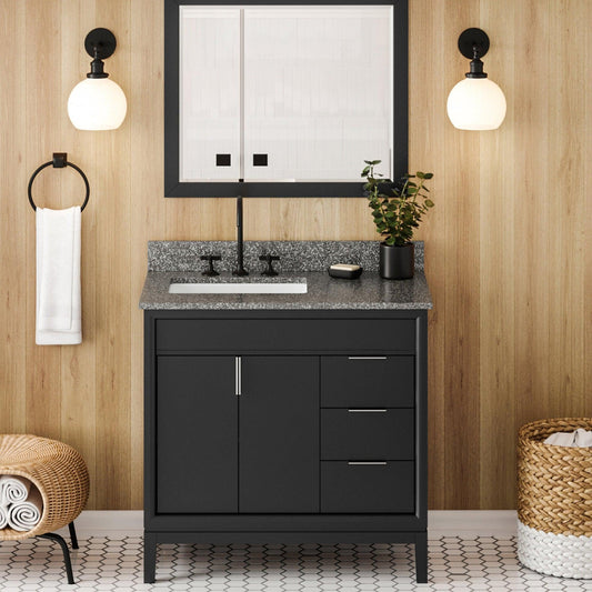 Hardware Resources Jeffrey Alexander Theodora 36" Black Freestanding Vanity With Left Offset, Boulder Vanity Cultured Marble Vanity Top, Backsplash and Rectangle Undermount Sink