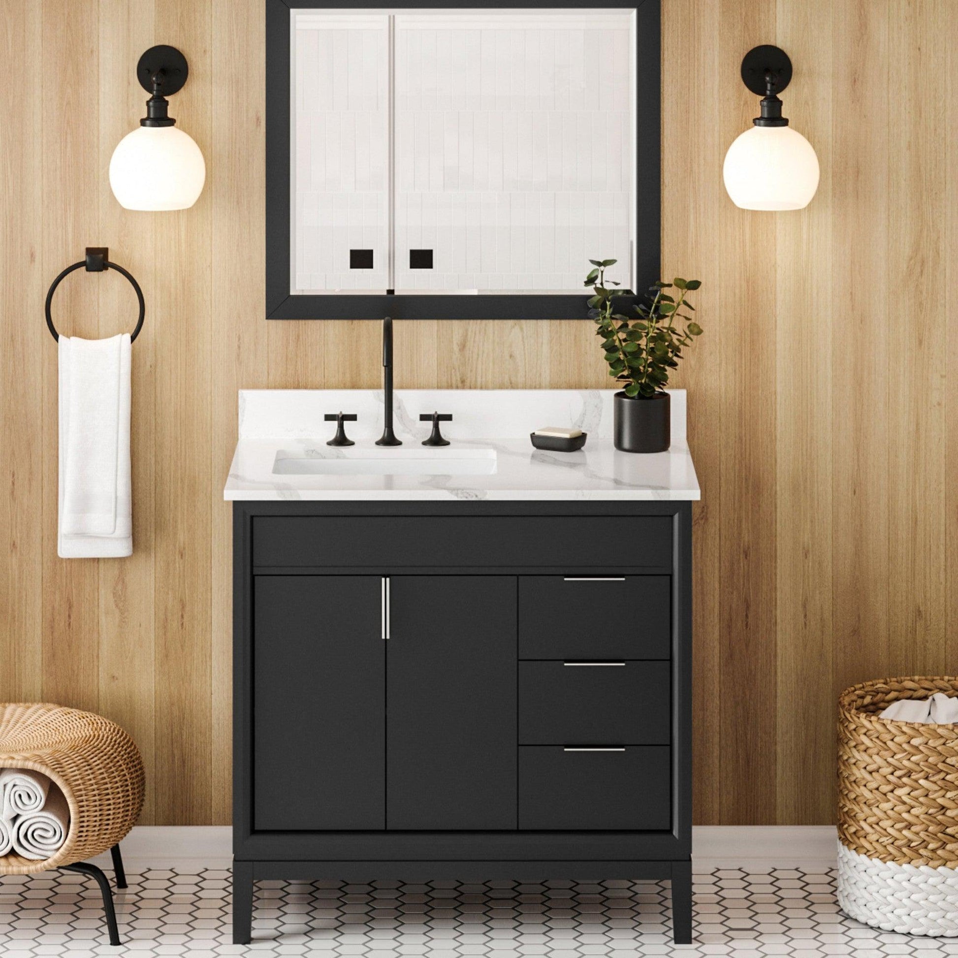 Hardware Resources Jeffrey Alexander Theodora 36" Black Freestanding Vanity With Left Offset, Calacatta Vienna Quartz Vanity Top, Backsplash and Rectangle Undermount Sink