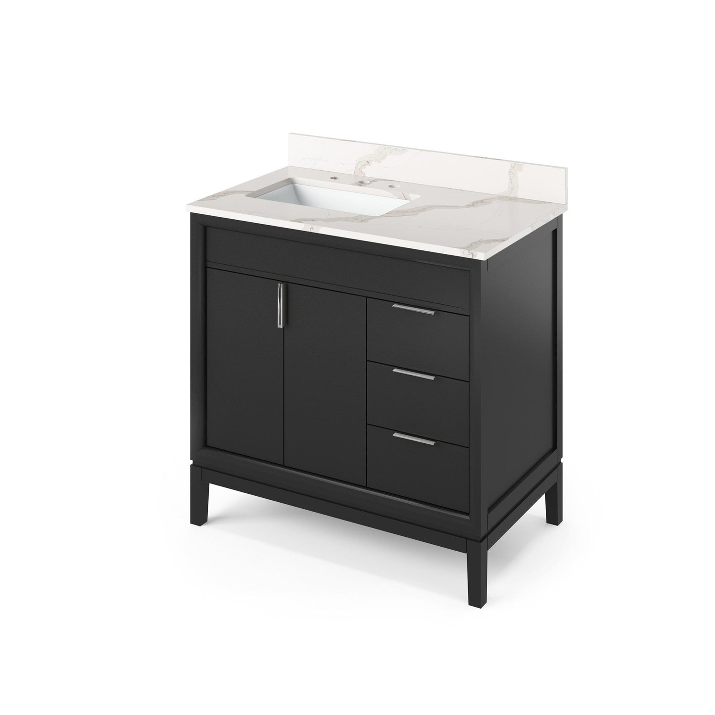 Hardware Resources Jeffrey Alexander Theodora 36" Black Freestanding Vanity With Left Offset, Calacatta Vienna Quartz Vanity Top, Backsplash and Rectangle Undermount Sink