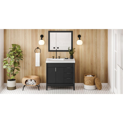 Hardware Resources Jeffrey Alexander Theodora 36" Black Freestanding Vanity With Left Offset, Lavante Cultured Marble Vessel Vanity Top , Backsplash and Rectangle Undermount Sink