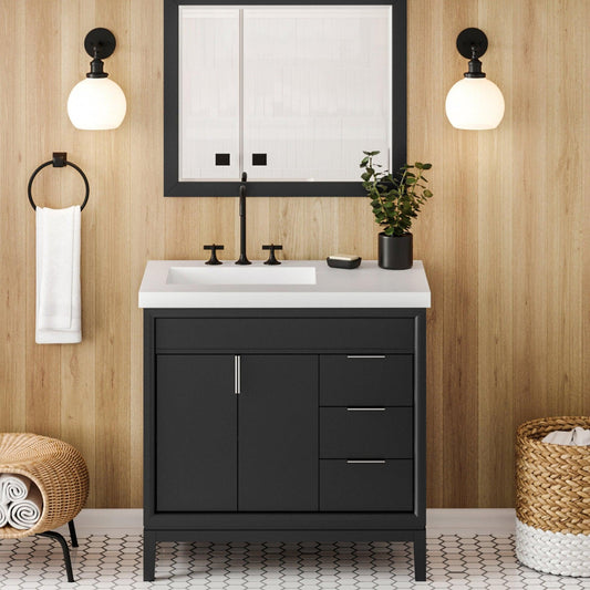 Hardware Resources Jeffrey Alexander Theodora 36" Black Freestanding Vanity With Left Offset, Lavante Cultured Marble Vessel Vanity Top , Backsplash and Rectangle Undermount Sink