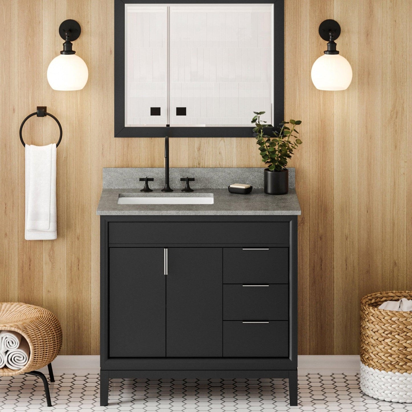 Hardware Resources Jeffrey Alexander Theodora 36" Black Freestanding Vanity With Left Offset, Steel Gray Cultured Marble Vanity Top, Backsplash and Rectangle Undermount Sink