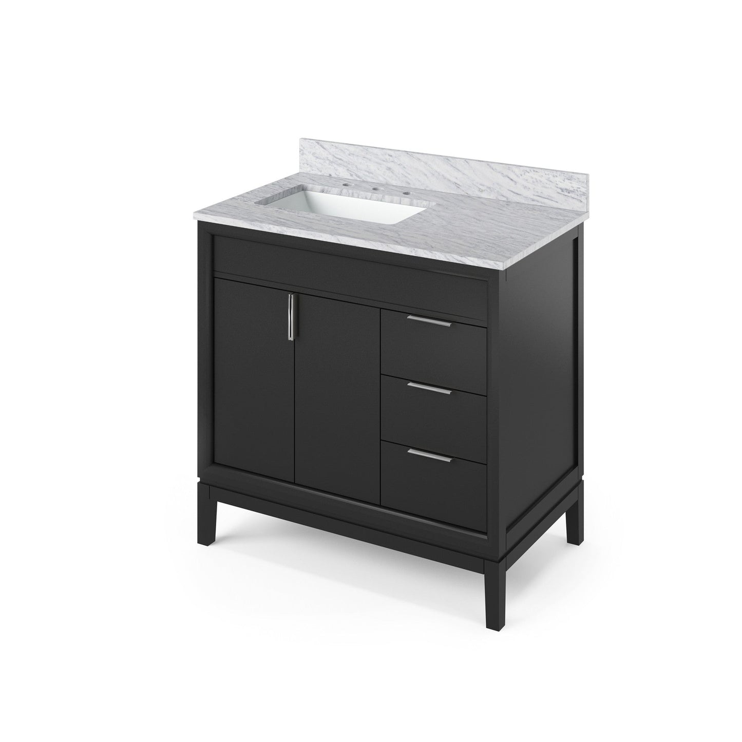 Hardware Resources Jeffrey Alexander Theodora 36" Black Freestanding Vanity With Left Offset, White Carrara Marble Vanity Top, Backsplash and Rectangle Undermount Sink