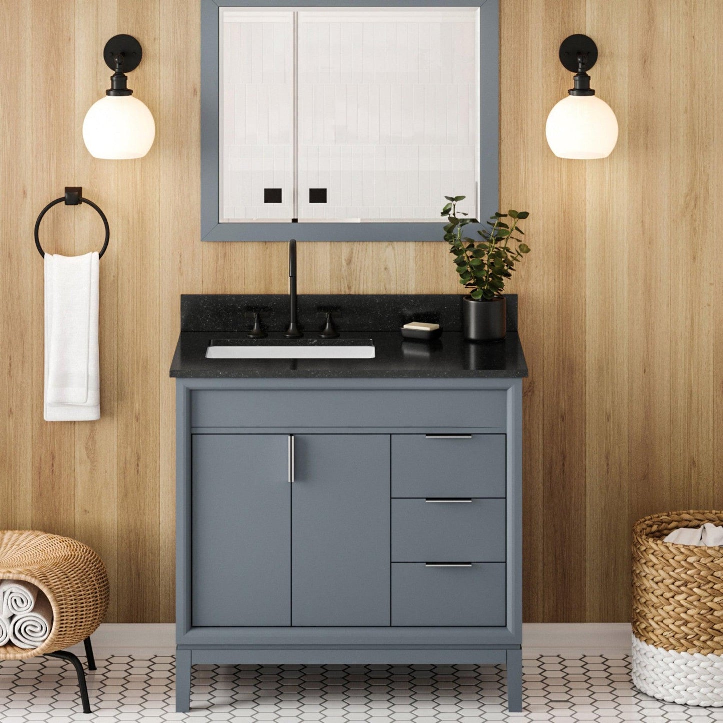 Hardware Resources Jeffrey Alexander Theodora 36" Blue Steel Freestanding Vanity With Left Offset, Black Granite Vanity Top, Backsplash and Rectangle Undermount Sink