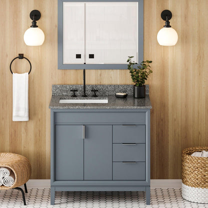 Hardware Resources Jeffrey Alexander Theodora 36" Blue Steel Freestanding Vanity With Left Offset, Boulder Vanity Cultured Marble Vanity Top, Backsplash and Rectangle Undermount Sink