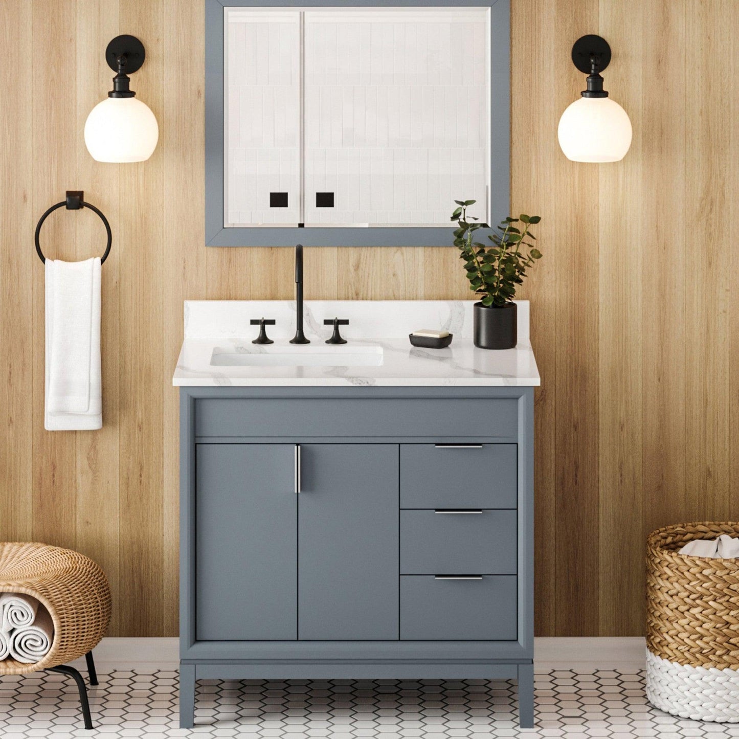 Hardware Resources Jeffrey Alexander Theodora 36" Blue Steel Freestanding Vanity With Left Offset, Calacatta Vienna Quartz Vanity Top, Backsplash and Rectangle Undermount Sink