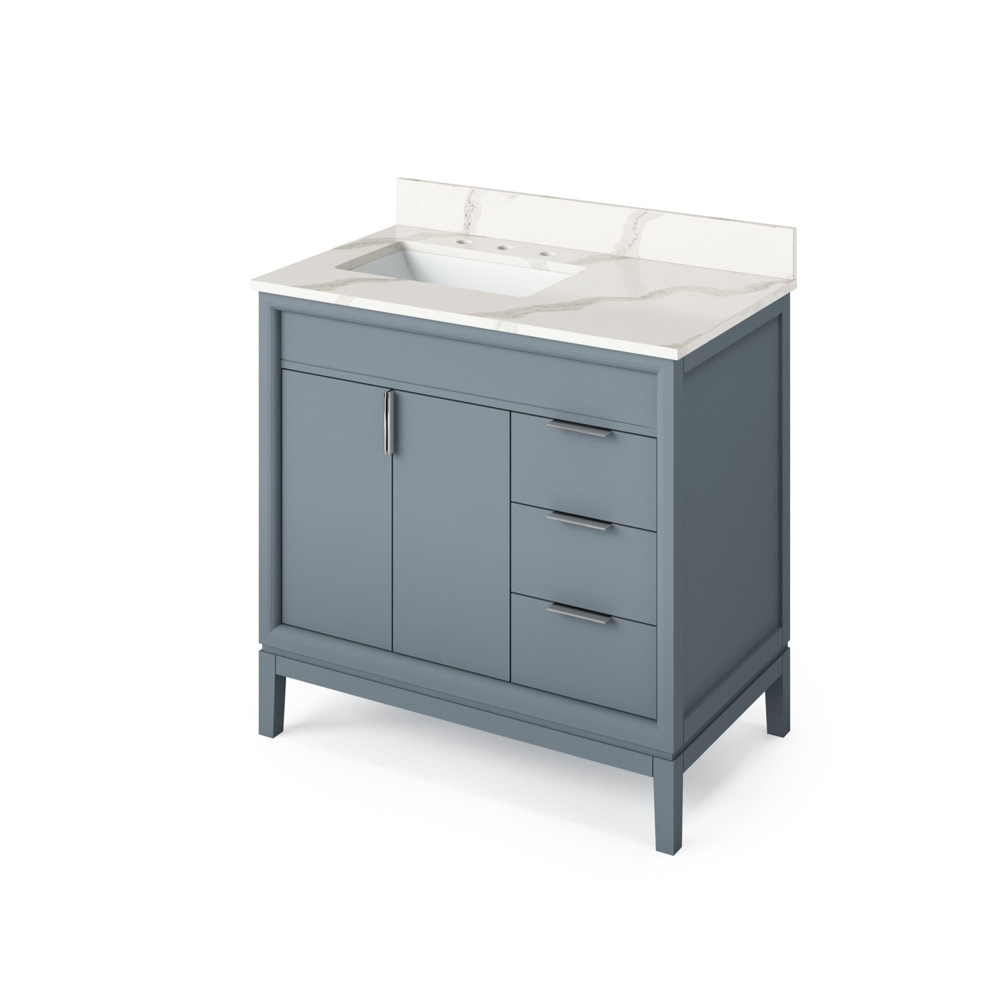 Hardware Resources Jeffrey Alexander Theodora 36" Blue Steel Freestanding Vanity With Left Offset, Calacatta Vienna Quartz Vanity Top, Backsplash and Rectangle Undermount Sink