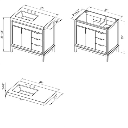 Hardware Resources Jeffrey Alexander Theodora 36" Blue Steel Freestanding Vanity With Left Offset, Lavante Cultured Marble Vessel Vanity Top , Backsplash and Rectangle Undermount Sink