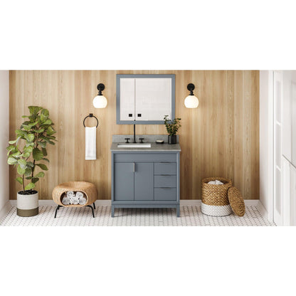 Hardware Resources Jeffrey Alexander Theodora 36" Blue Steel Freestanding Vanity With Left Offset, Steel Gray Cultured Marble Vanity Top, Backsplash and Rectangle Undermount Sink