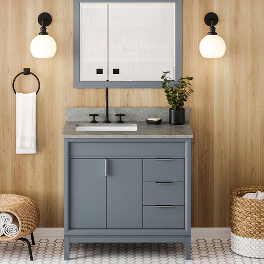 Hardware Resources Jeffrey Alexander Theodora 36" Blue Steel Freestanding Vanity With Left Offset, Steel Gray Cultured Marble Vanity Top, Backsplash and Rectangle Undermount Sink