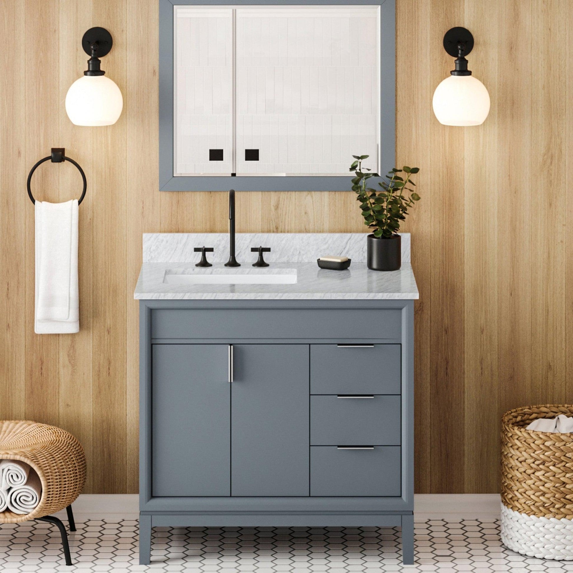 Hardware Resources Jeffrey Alexander Theodora 36" Blue Steel Freestanding Vanity With Left Offset, White Carrara Marble Vanity Top, Backsplash and Rectangle Undermount Sink