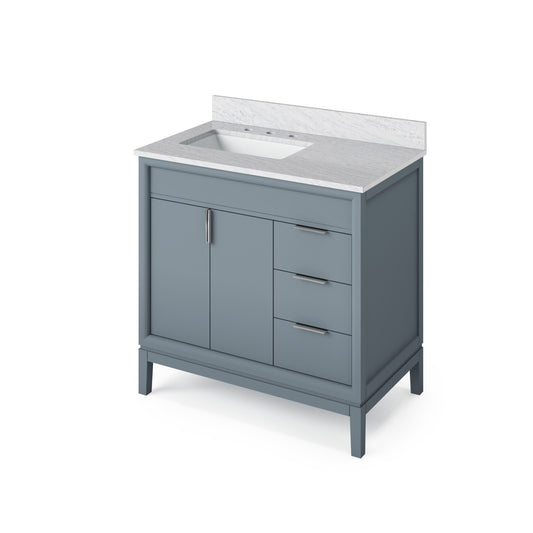 Hardware Resources Jeffrey Alexander Theodora 36" Blue Steel Freestanding Vanity With Left Offset, White Carrara Marble Vanity Top, Backsplash and Rectangle Undermount Sink