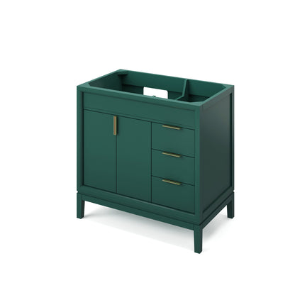 Hardware Resources Jeffrey Alexander Theodora 36" Green Freestanding Vanity With Left Offset, Black Granite Vanity Top, Backsplash and Rectangle Undermount Sink