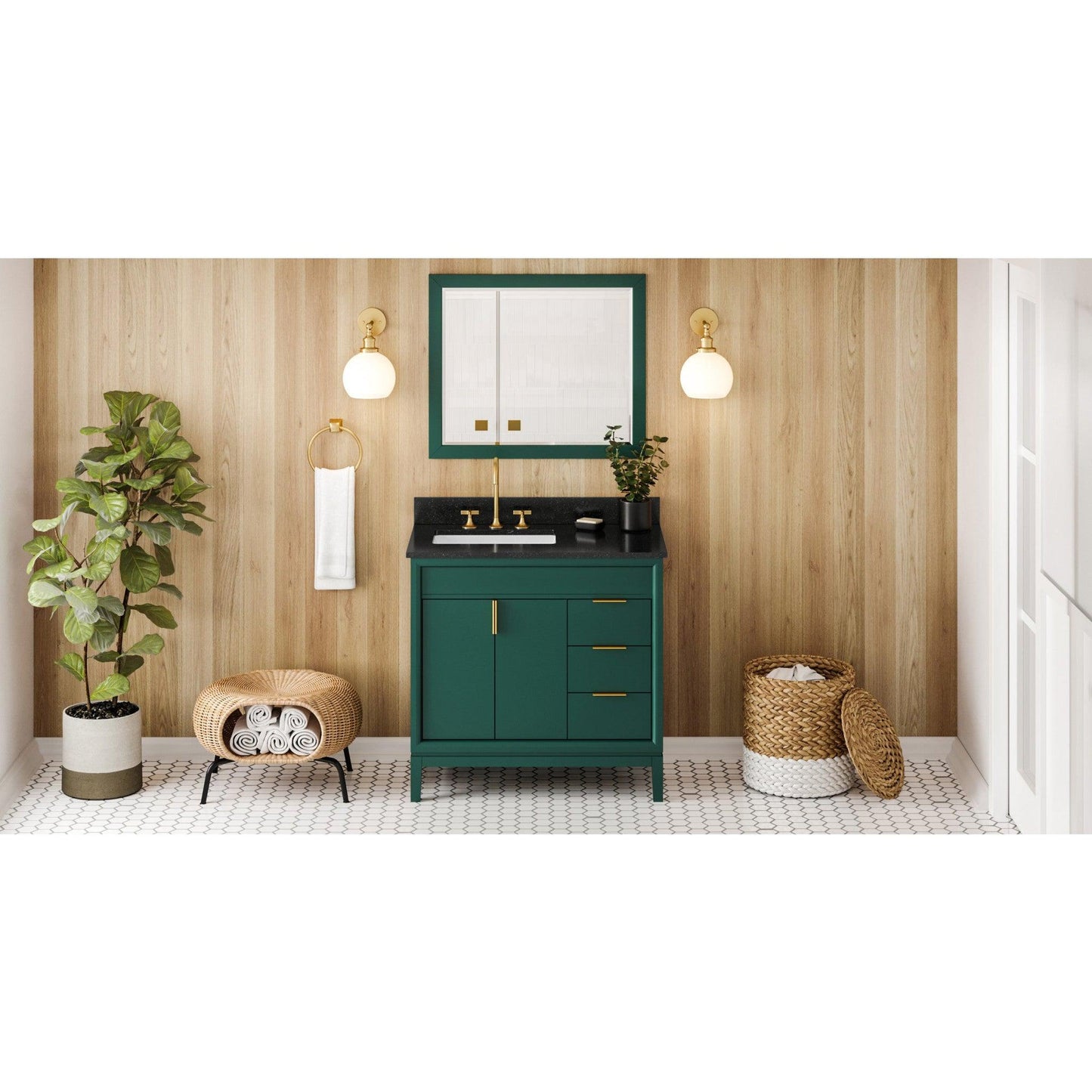 Hardware Resources Jeffrey Alexander Theodora 36" Green Freestanding Vanity With Left Offset, Black Granite Vanity Top, Backsplash and Rectangle Undermount Sink