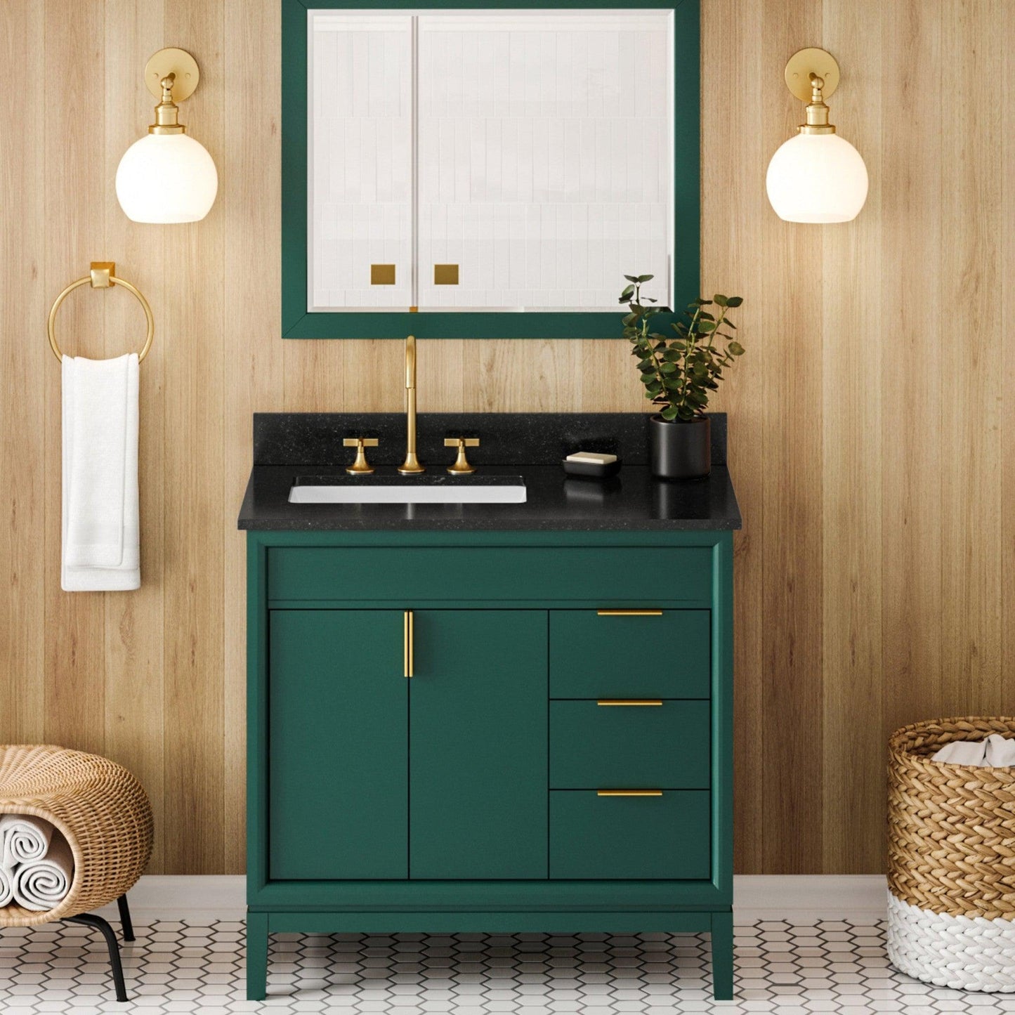 Hardware Resources Jeffrey Alexander Theodora 36" Green Freestanding Vanity With Left Offset, Black Granite Vanity Top, Backsplash and Rectangle Undermount Sink