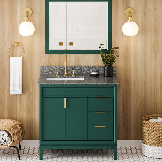 Hardware Resources Jeffrey Alexander Theodora 36" Green Freestanding Vanity With Left Offset, Boulder Vanity Cultured Marble Vanity Top, Backsplash and Rectangle Undermount Sink