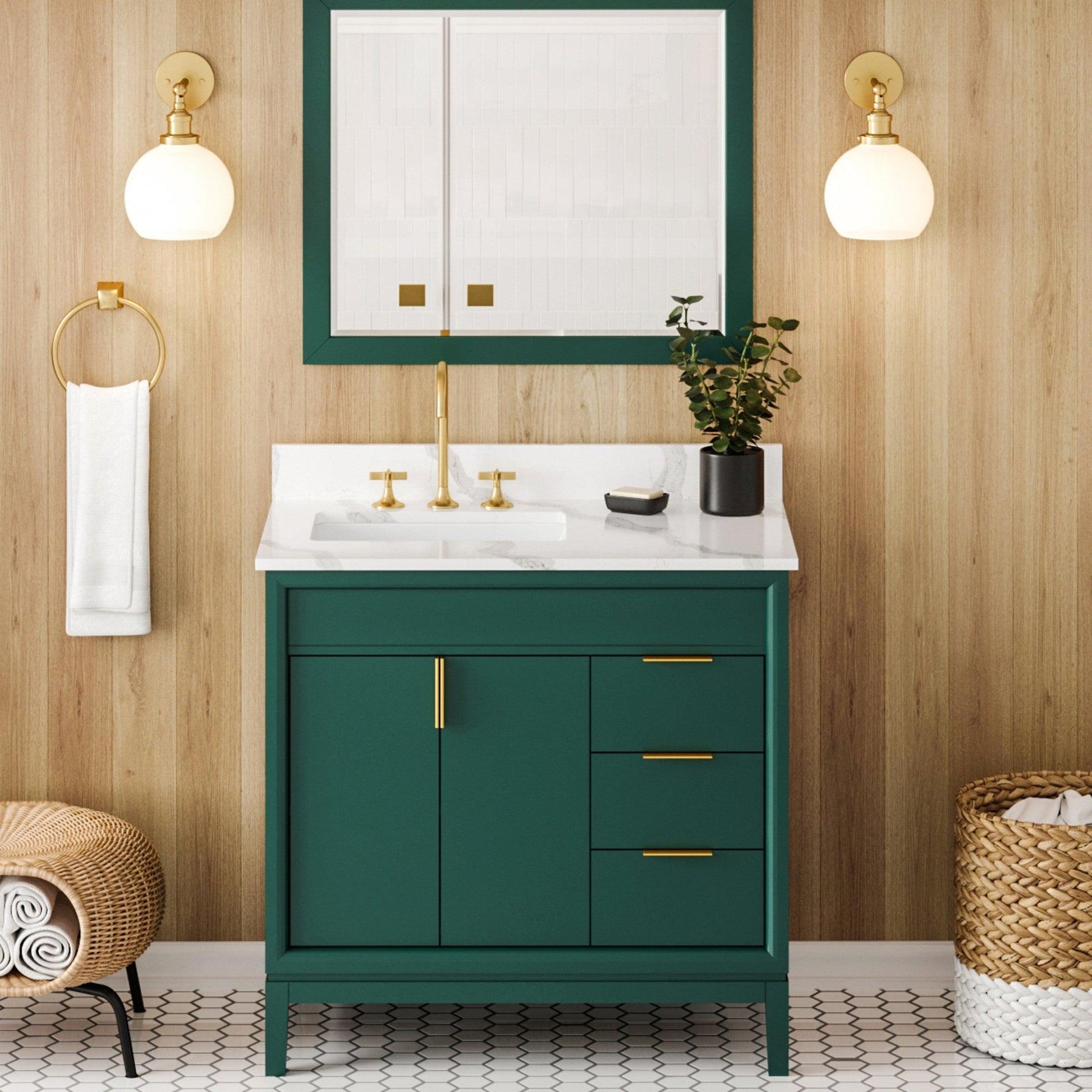 Hardware Resources Jeffrey Alexander Theodora 36" Green Freestanding Vanity With Left Offset, Calacatta Vienna Quartz Vanity Top, Backsplash and Rectangle Undermount Sink