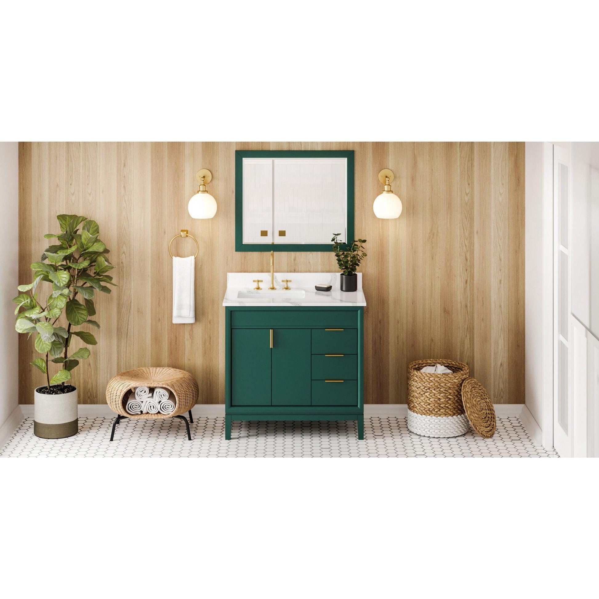 Hardware Resources Jeffrey Alexander Theodora 36" Green Freestanding Vanity With Left Offset, Calacatta Vienna Quartz Vanity Top, Backsplash and Rectangle Undermount Sink