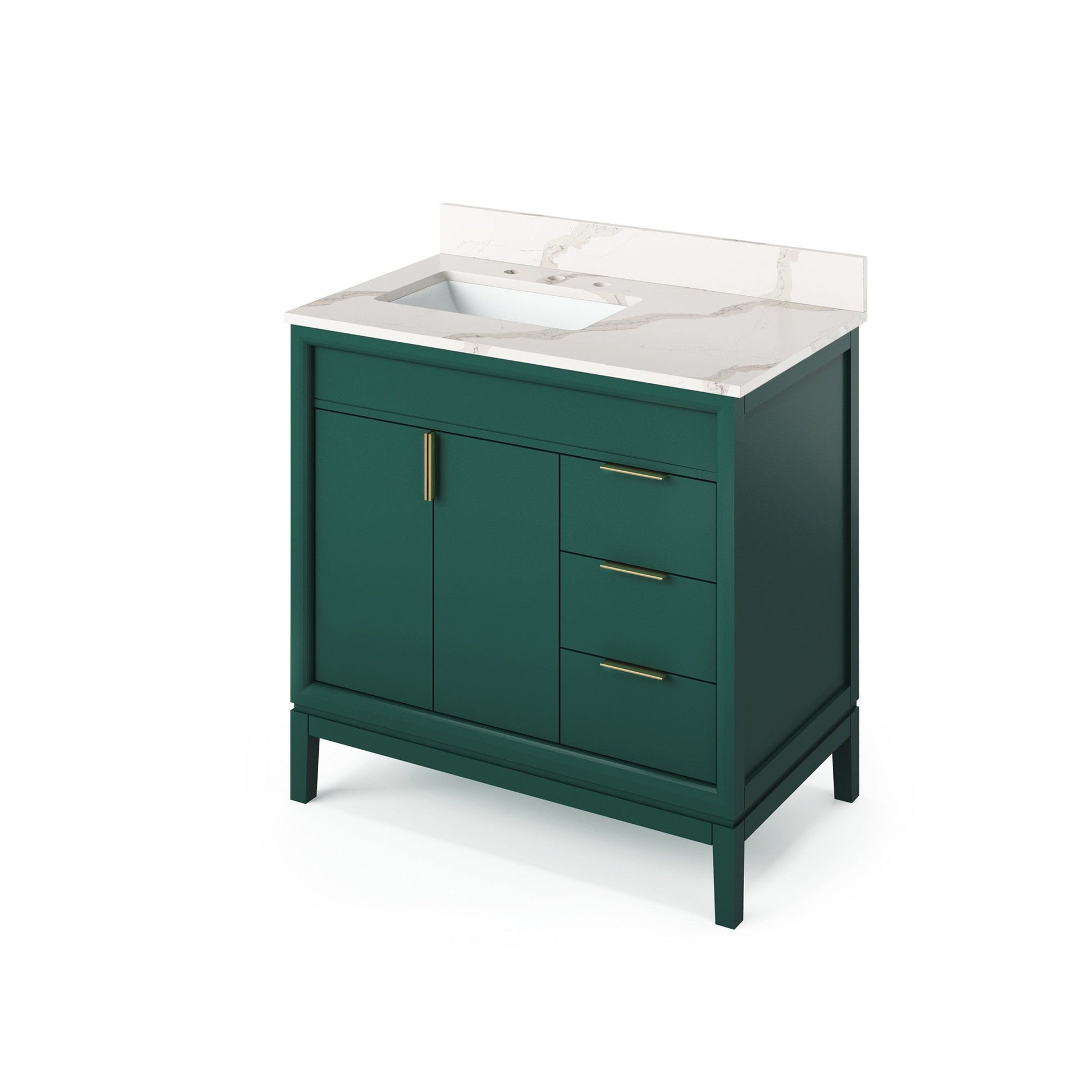 Hardware Resources Jeffrey Alexander Theodora 36" Green Freestanding Vanity With Left Offset, Calacatta Vienna Quartz Vanity Top, Backsplash and Rectangle Undermount Sink