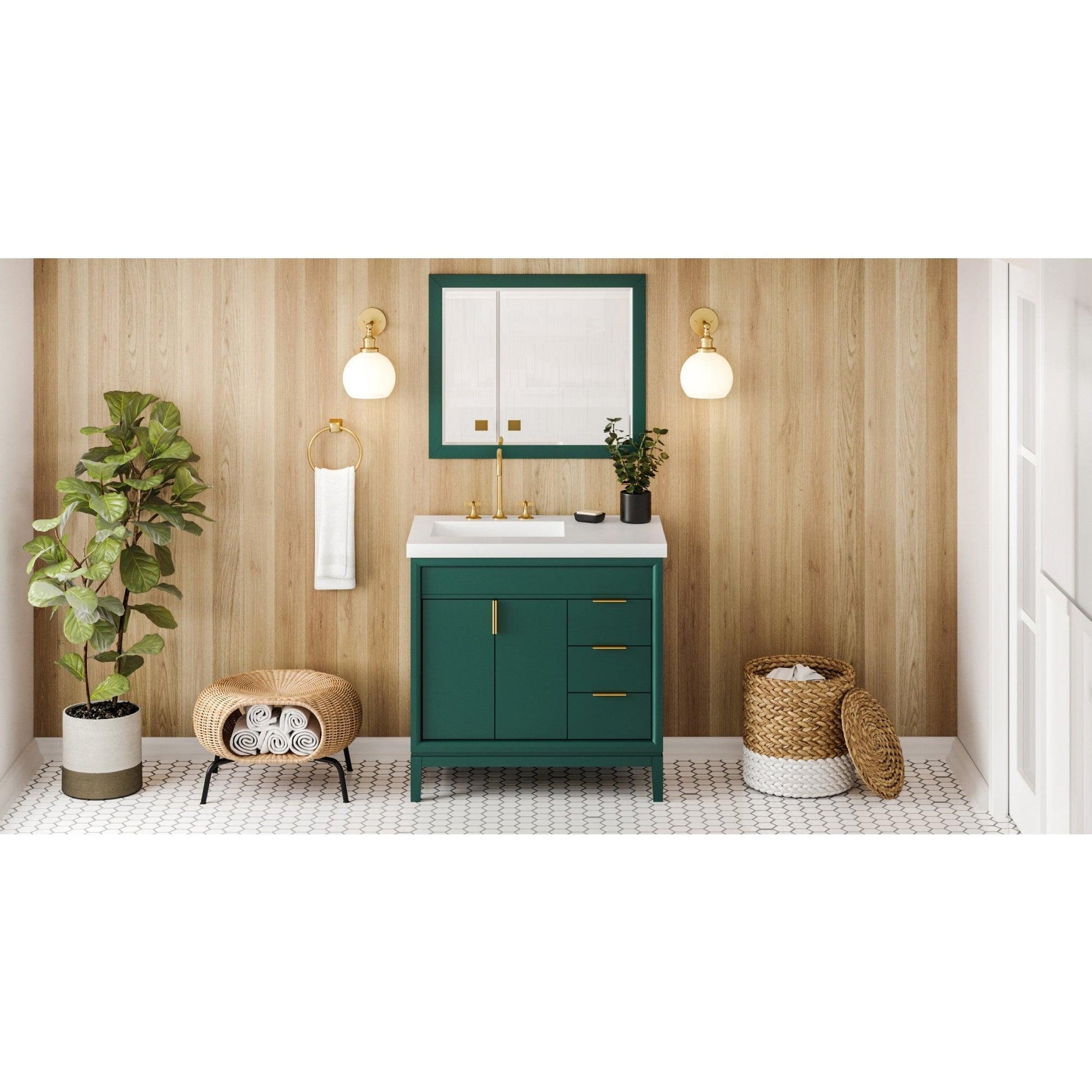 Hardware Resources Jeffrey Alexander Theodora 36" Green Freestanding Vanity With Left Offset, Lavante Cultured Marble Vessel Vanity Top , Backsplash and Rectangle Undermount Sink