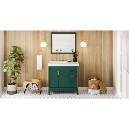 Hardware Resources Jeffrey Alexander Theodora 36" Green Freestanding Vanity With Left Offset, Lavante Cultured Marble Vessel Vanity Top , Backsplash and Rectangle Undermount Sink