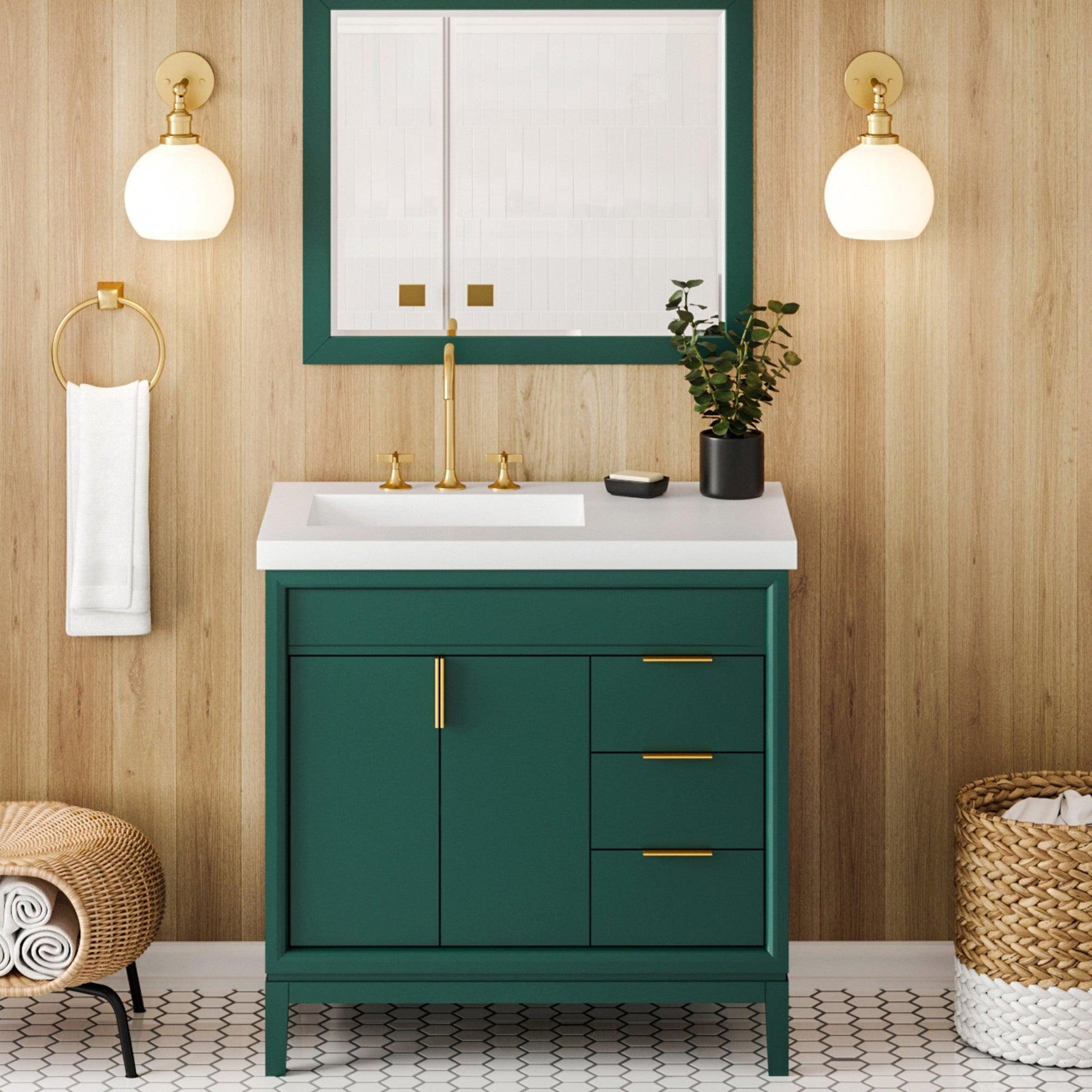 Hardware Resources Jeffrey Alexander Theodora 36" Green Freestanding Vanity With Left Offset, Lavante Cultured Marble Vessel Vanity Top , Backsplash and Rectangle Undermount Sink