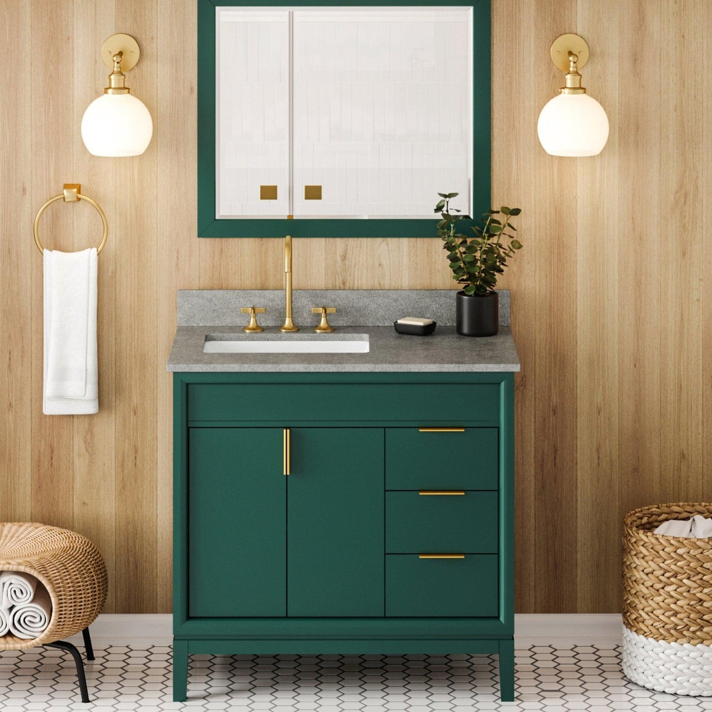 Hardware Resources Jeffrey Alexander Theodora 36" Green Freestanding Vanity With Left Offset, Steel Gray Cultured Marble Vanity Top, Backsplash and Rectangle Undermount Sink