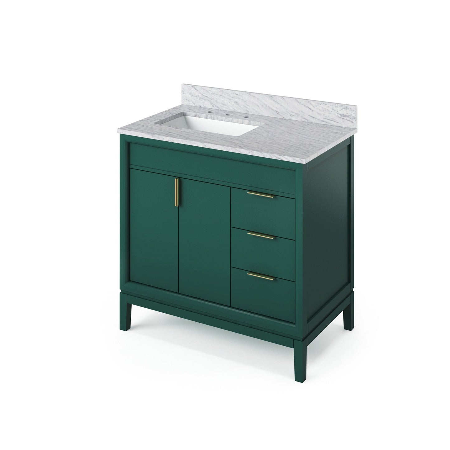 Hardware Resources Jeffrey Alexander Theodora 36" Green Freestanding Vanity With Left Offset, White Carrara Marble Vanity Top, Backsplash and Rectangle Undermount Sink