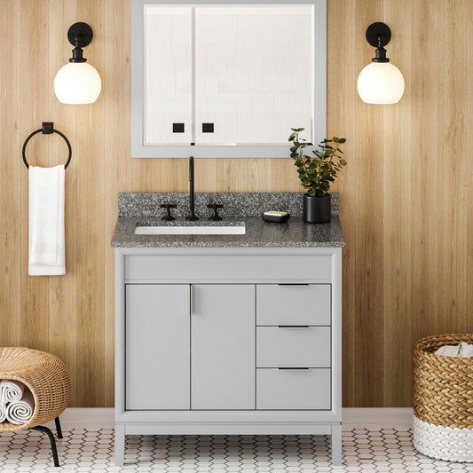 Hardware Resources Jeffrey Alexander Theodora 36" Grey Freestanding Vanity With Left Offset, Boulder Vanity Cultured Marble Vanity Top, Backsplash and Rectangle Undermount Sink