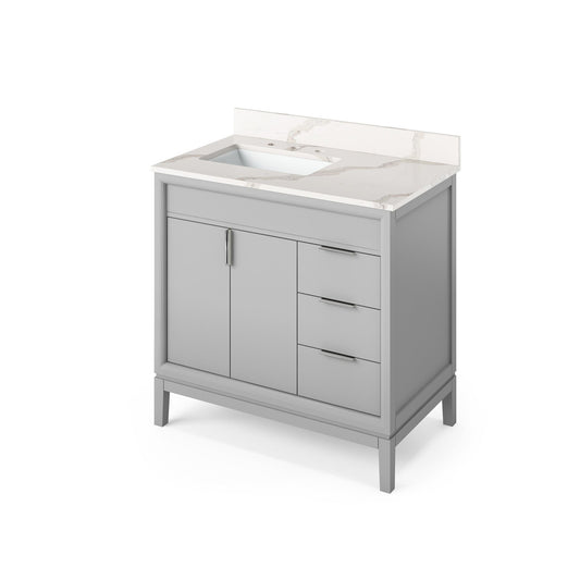 Hardware Resources Jeffrey Alexander Theodora 36" Grey Freestanding Vanity With Left Offset, Calacatta Vienna Quartz Vanity Top, Backsplash and Rectangle Undermount Sink