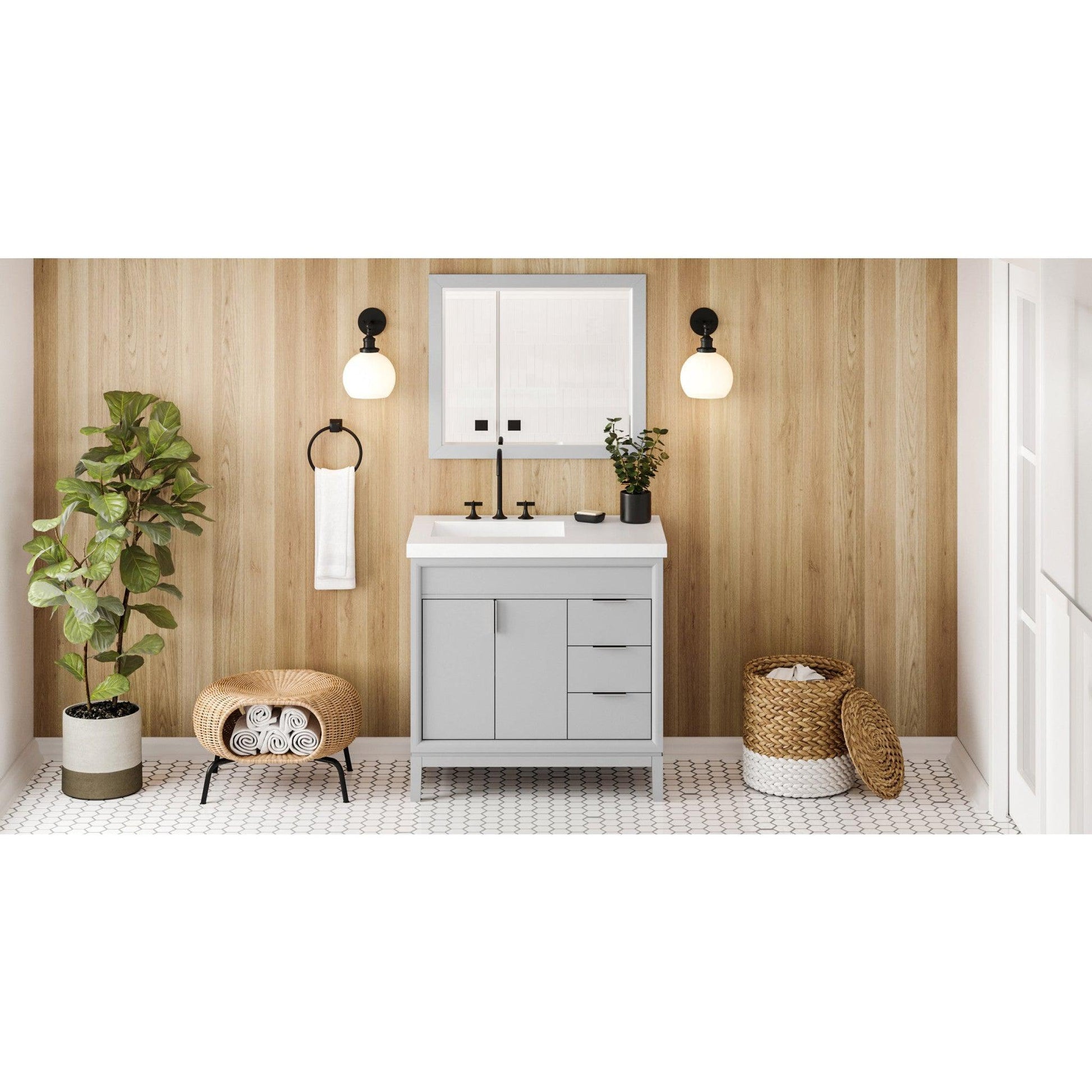 Hardware Resources Jeffrey Alexander Theodora 36" Grey Freestanding Vanity With Left Offset, Lavante Cultured Marble Vessel Vanity Top , Backsplash and Rectangle Undermount Sink