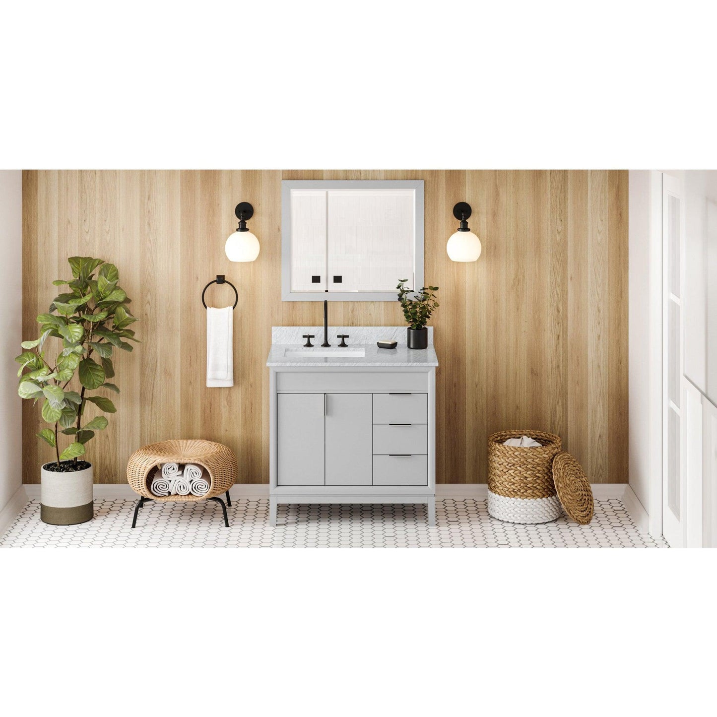 Hardware Resources Jeffrey Alexander Theodora 36" Grey Freestanding Vanity With Left Offset, White Carrara Marble Vanity Top, Backsplash and Rectangle Undermount Sink