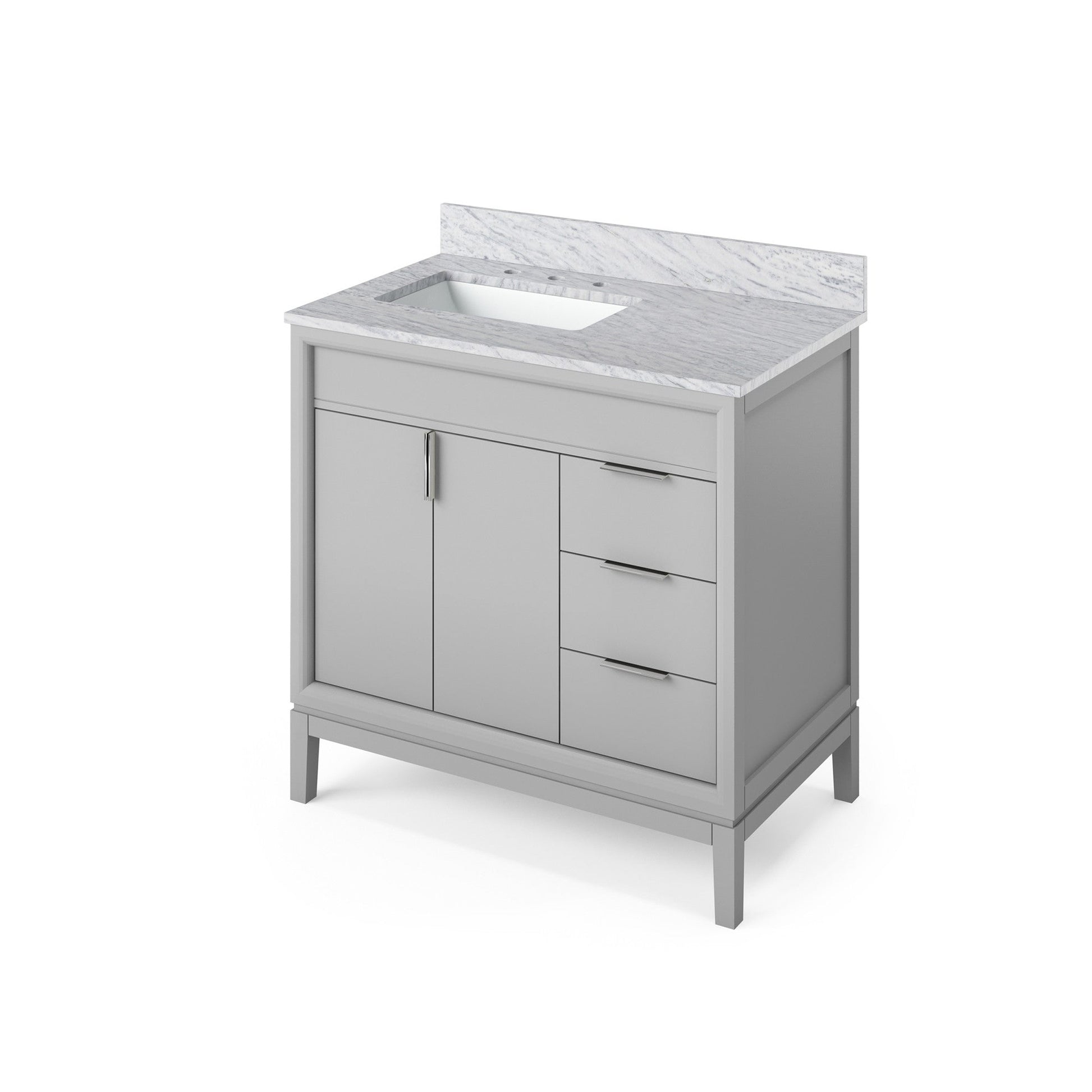 Hardware Resources Jeffrey Alexander Theodora 36" Grey Freestanding Vanity With Left Offset, White Carrara Marble Vanity Top, Backsplash and Rectangle Undermount Sink