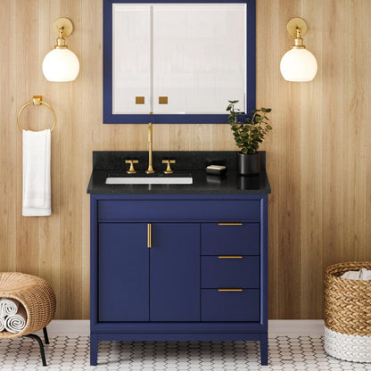 Hardware Resources Jeffrey Alexander Theodora 36" Hale Blue Freestanding Vanity With Left Offset, Black Granite Vanity Top, Backsplash and Rectangle Undermount Sink