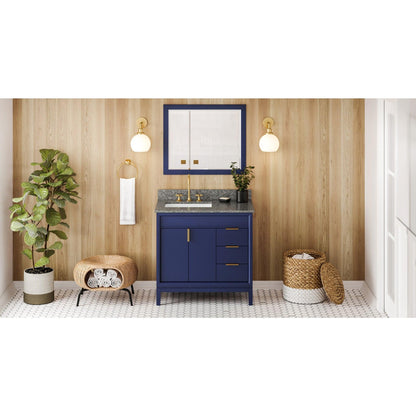 Hardware Resources Jeffrey Alexander Theodora 36" Hale Blue Freestanding Vanity With Left Offset, Boulder Vanity Cultured Marble Vanity Top, Backsplash and Rectangle Undermount Sink